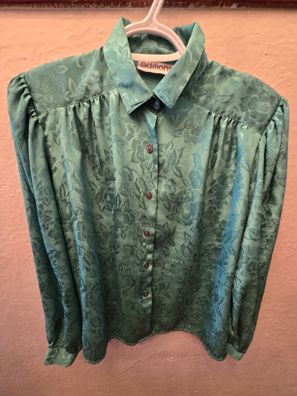 Vintage Editions Emerald Green Floral Jacquard Blouse Women's Medium - Picture 2 of 12